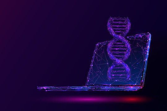 Purple genetic engineering low poly wireframe illustration. 3D DNA spiral and computer with connected dots. Polygonal biotechnology and medical technology mesh art. Double helix molecule, genetic