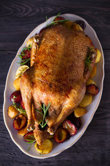 Baked duck with potatoes, plums, rosemary and thyme, close-up on plate. Overhead, vertical