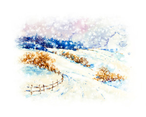 Winter landscape. Watercolor hand drawn illustration. Watercolor christmas. Winter forest. Winter snow fields and trees