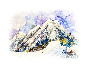 Mountain winter landscape. Watercolor hand drawn illustration. Watercolor christmas. Winter forest. Snowy mountain slope