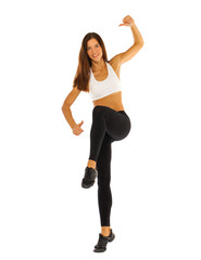 Young healthy girl doing exercises, full length portrait isolated over white background