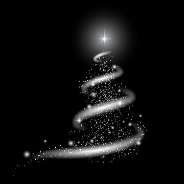 Template for New Year project. Snow, stars, New Year tree, blizzard. White image on a black background for any color with transparency