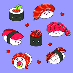 Collection of cute kawaii sushi and rolls