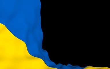 The flag of Ukraine on a dark background. National flag and state ensign. Blue and yellow bicolour. 3D illustration waving flag