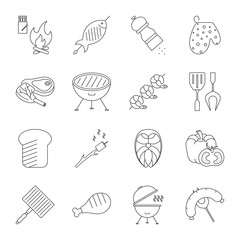 Set of barbecue related vector line icons including meat, bonfire, vegetables and seafood