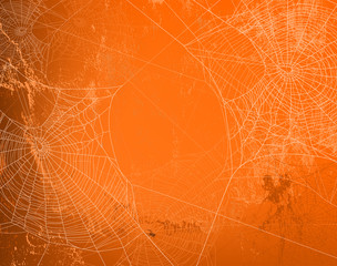 shabby orange wall covered with spooky spider web - halloween theme bright copy space background - obrazy, fototapety, plakaty