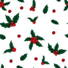 Holly mistletoe natural winter vector christmas seamless pattern on white background. Xmas holly berry seamless pattern holiday vector. Traditional red mistletoe branch retro background.