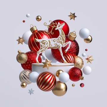 recommend clip art: 3d Christmas reindeer with ornaments isolated on white background. Decorative deer with golden antlers standing on white pedestal surrounded with colorful glass balls. Holiday clip art.