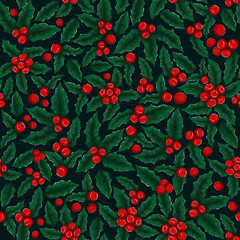 Holly mistletoe natural winter vector christmas seamless pattern on dark green background. Xmas holly berry seamless pattern holiday vector. Traditional red mistletoe branch retro background.