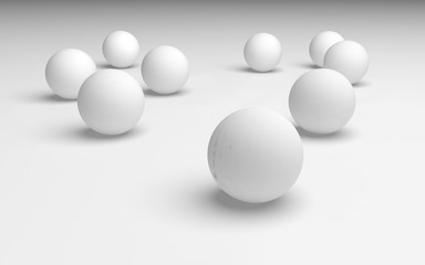 White abstract background. Set of white balls isolated on white backdrop. 3D illustration