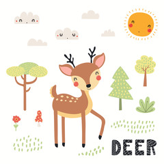 Hand drawn vector illustration of a cute deer in the forest, woodland landscape, with text. Isolated objects on white background. Scandinavian style flat design. Concept for children print.