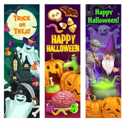 Halloween pumpkins, ghosts, mummy and wizard