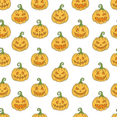 Seamless pattern with Halloween   Pumpkin Jack in sketch style isolated on white. Festive texture for packages, backgrounds, web pages