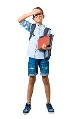 Full body of Student boy with backpack and glasses covering eyes by hands on isolated white background