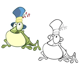 Gordijnen Vector Illustration of a Cute Cartoon Character Cute Green Frog  for you Design and Computer Game. Coloring Book  © liusa