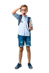 Full body of Student boy with backpack and glasses unhappy and frustrated with something. Negative facial expression on isolated white background