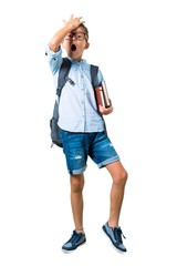 Full body of Student boy with backpack and glasses intending to realizes the solution on isolated white background
