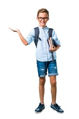 Full body of Student boy with backpack and glasses holding copyspace imaginary on the palm on isolated white background