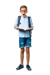Full body of Student kid with backpack and glasses holding a book on isolated white background