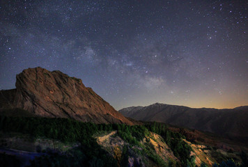 Fototapeta na wymiar Night landscape. Starry sky with the Milky Way over the mountains. Gazor Khan village, Iran