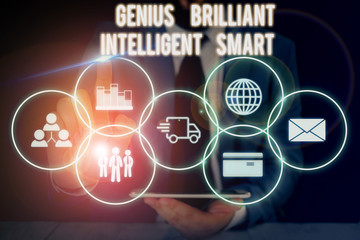 Conceptual hand writing showing Genius Brilliant Intelligent Smart. Concept meaning Clever Bright Knowledge Intelligence Male wear formal suit presenting presentation smart device