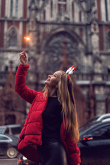 December walk with a young pretty blonde