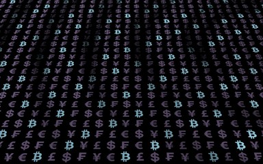 Bitcoin and currency on a dark background. Digital crypto symbol. Currency bubble, wave effect, market fluctuations. Business concept. 3D illustration