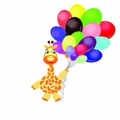 Papier Peint photo Animaux avec ballon Girafe de dessin animé avec des ballons sur fond blanc