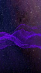 Abstract ultraviolet landscape on a dark background. Purple cyberspace grid. hi tech network. Outer space. Violet starry outer space texture. 3D illustration