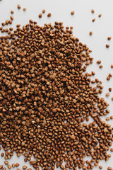 Scatterd raw buckwheat on white background 