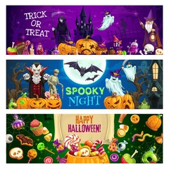 Halloween pumpkins, candies, ghosts, vampire, bats