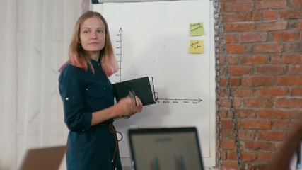 Casual Female Team Leader with Pink Hair Tips is Presenting Project to Employees Using Flipchart Board in Loft Office. Seminar in Diverse Group of People. Meeting at Work. 4K Medium Gimbal Orbit Shot