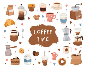 Coffee collection, different coffee elements with lettering. Cute cartoon icons in hand drawn style. Vector illustration