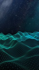 Fototapeta premium Abstract landscape on a dark background. Cyberspace grid. hi tech network. Outer space. Vertical orientation. Starry outer space texture. 3D illustration