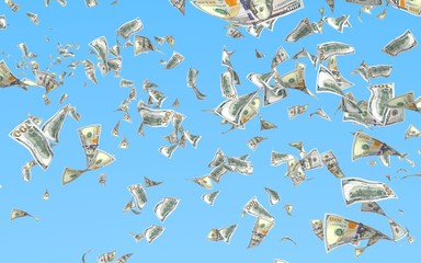 Flying dollars banknotes isolated on a blue background. Money is flying in the air. 100 US banknotes new sample. 3D illustration