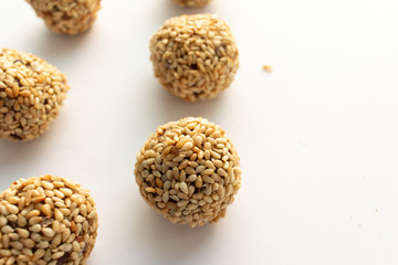 Healthy homemade cookie with nuts and sesame on white background