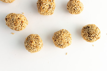 Healthy homemade cookie with nuts and sesame on white background