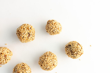 Healthy homemade cookie with nuts and sesame on white background