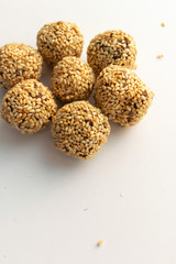 Healthy homemade cookie with nuts and sesame on white background