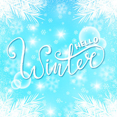 Hello winter lettering on snowy background