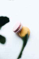 Composition of delicious macaroons on white background