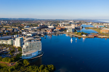 Aerial view of Cardiff Bay, the Capital of Wales, UK 2019 on a clear sky summer day
