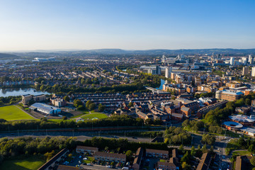 Fototapeta na wymiar Aerial view of Cardiff Bay, the Capital of Wales, UK 2019 on a clear sky summer day