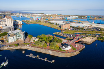 Aerial view of Cardiff Bay, the Capital of Wales, UK 2019 on a clear sky summer day