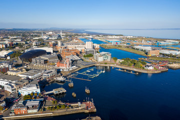 Fototapeta na wymiar Aerial view of Cardiff Bay, the Capital of Wales, UK 2019 on a clear sky summer day