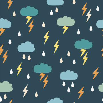 Seamless pattern with clouds and lightning rain. Background for poster, cover booklet, banner, surface design.
