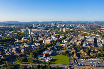 Aerial view of Cardiff Bay, the Capital of Wales, UK 2019 on a clear sky summer day