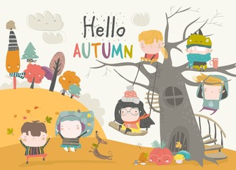 Happy children playing in autumn park. Hello autumn