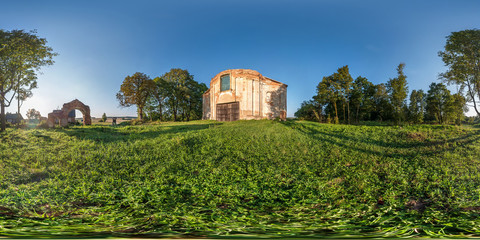 Obraz na płótnie Canvas Full seamless spherical hdri panorama 360 degrees angle near abandoned ruined medieval style architecture church in equirectangular spherical projection with zenith and nadir. vr content