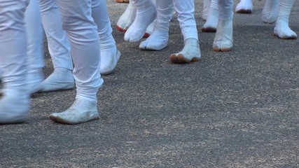 KISHIWADA, OSAKA, JAPAN - 15 SEPTEMBER 2019 : Crowd of people at DANJIRI MATSURI (Festival). “Danjiri” are the large wooden floats, or portable shrines, that are pulled around. Slow motion shot.